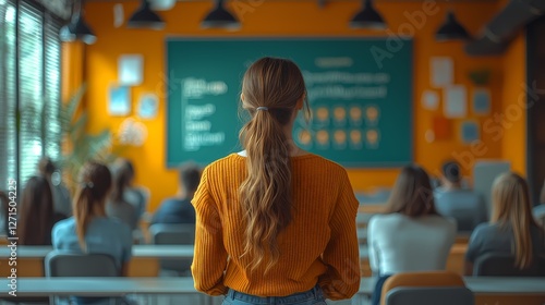 Knowledge Transmission: An insightful instructor, from a rear view, engages with a classroom of attentive students, fostering learning and growth.