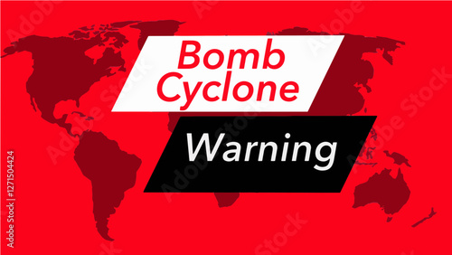 Bomb cyclone warning.  A television weather banner, known as an “over the shoulder”  is seen with a map of the world showing the United States. Colors are red, black and white and this is a vector gra