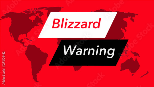Blizzard warning.  A television weather banner, known as an “over the shoulder”  is seen with a map of the world showing the United States. Colors are red, black and white and this is a vector graphic