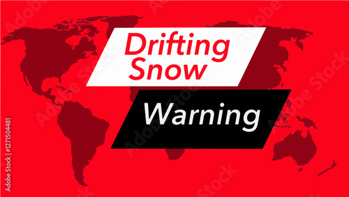 Drifting snow.  A television weather banner, known as an “over the shoulder”  is seen with a map of the world showing the United States. Colors are red, black and white and this is a vector graphic .