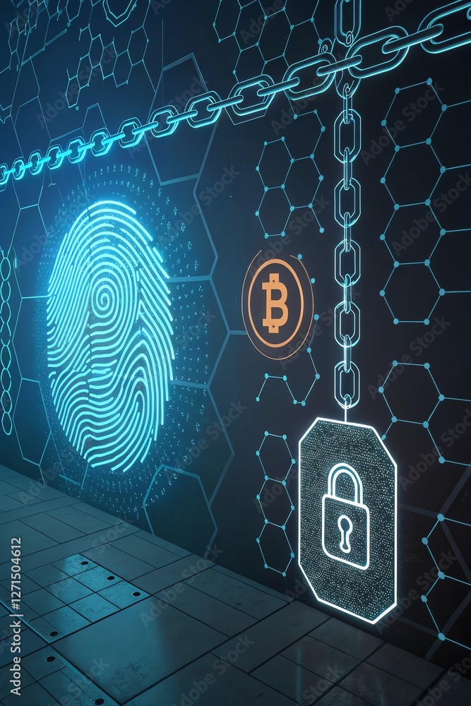Digital fingerprint with blockchain graphics and Bitcoin symbol on a futuristic interface.