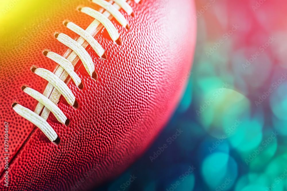 Close-up of an American football under bright stadium lights, strong contrast between highlights and deep shadows, laces sharply in focus, dramatic depth of field Close-up of an American football under bright stadium lights, strong contrast between highlights and deep shadows, laces sharply in focus, dramatic depth of field