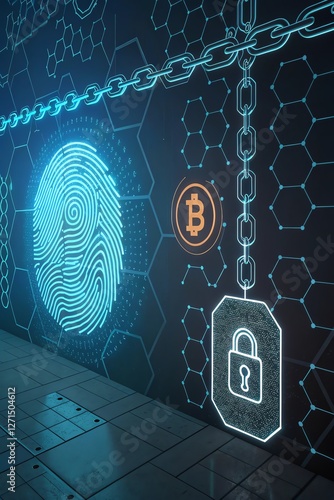 Obraz na płótnie Digital fingerprint with blockchain graphics and Bitcoin symbol on a futuristic interface. w salonie