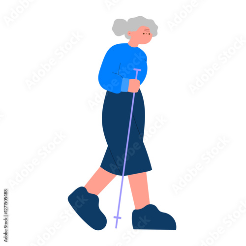 Active senior woman hiking with trekking poles flat vector illustration