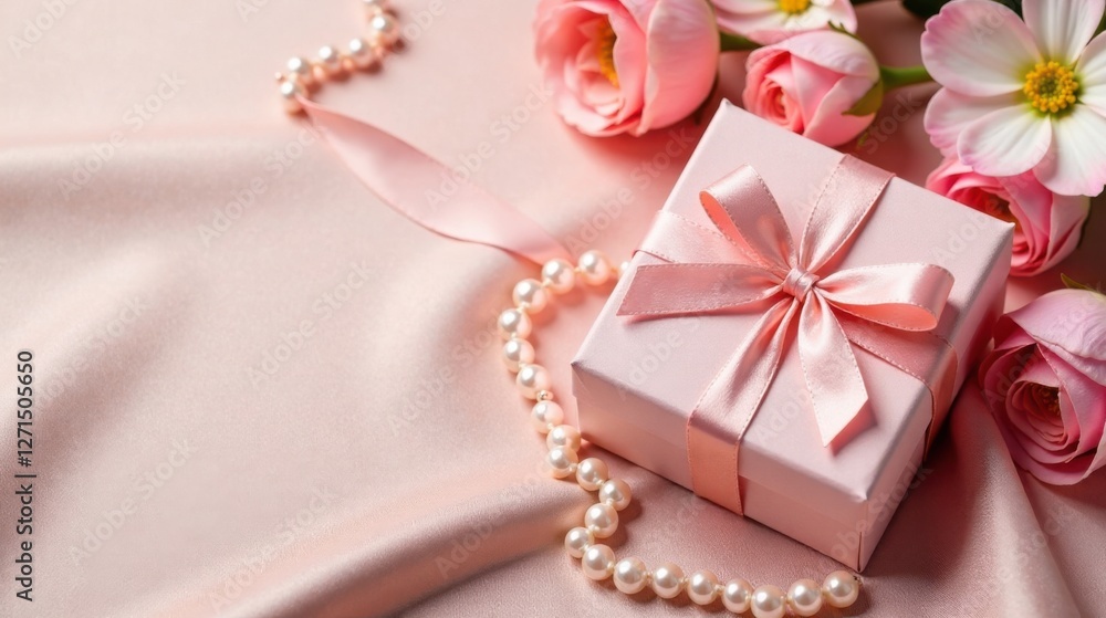 A delicate pink gift box adorned with a satin ribbon, nestled amongst a pearl necklace and soft pink roses on a silken fabric background. A delicate pink gift box adorned with a satin ribbon, nestled amongst a pearl necklace and soft pink roses on a silken fabric background.