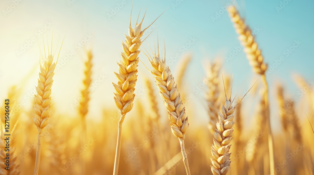 Golden wheat field illuminated by warm sunlight during harvest season tranquil rural landscape Golden wheat field illuminated by warm sunlight during harvest season tranquil rural landscape
