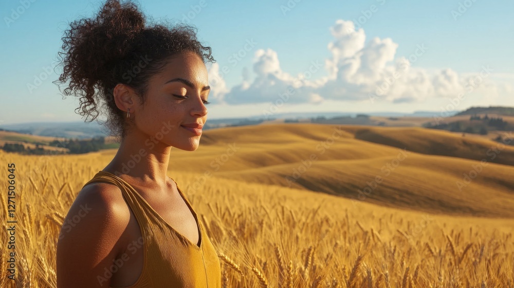 Obraz premium Woman Enjoying Serenity in Golden Wheat Field Under Blue Sky