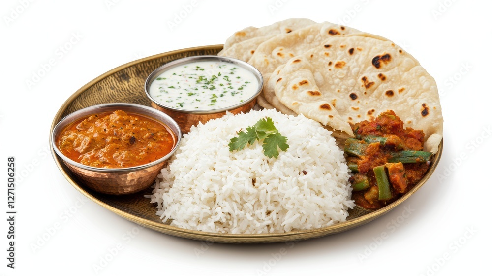 traditional Indian thali meal with rice, curry, flatbread, and yogurt served on brass plate traditional Indian thali meal with rice, curry, flatbread, and yogurt served on brass plate