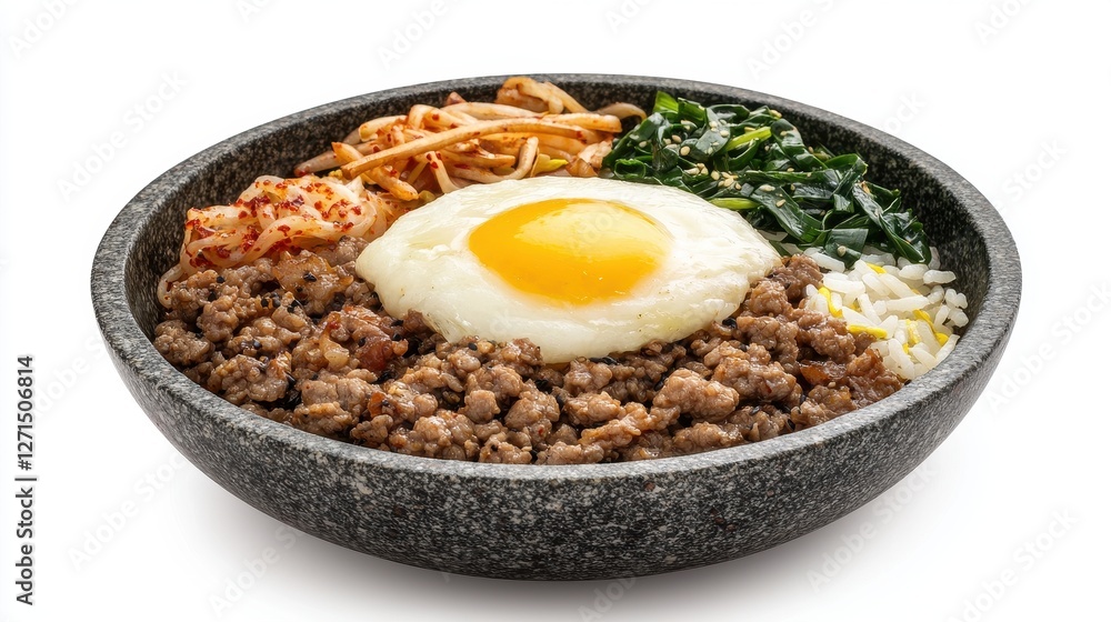 Sizzling Korean Stone Bowl with Rice, Beef, Vegetables and Egg Sizzling Korean Stone Bowl with Rice, Beef, Vegetables and Egg