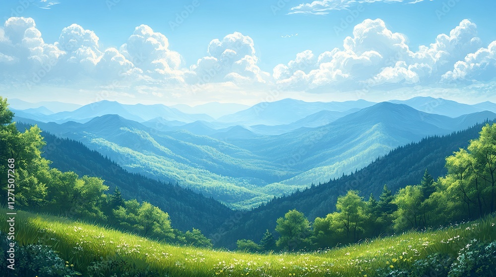 Naklejka premium hill and adverture background,illustration --ar 16:9 --stylize 450 --v 6.1 Job ID: 17393f78-6d56-4375-921f-5e263bb30263