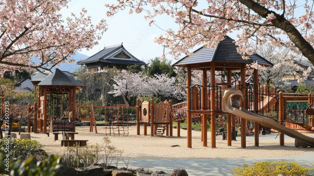 Obraz premium Beautiful Spring Playground Surrounded by Cherry Blossoms and Nature