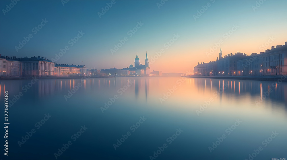 Serene early morning view of a foggy cityscape reflected in calm waters. Serene early morning view of a foggy cityscape reflected in calm waters.