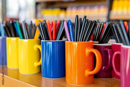 A corporate promotional merchandise setup with branded mugs, pens, and notebooks