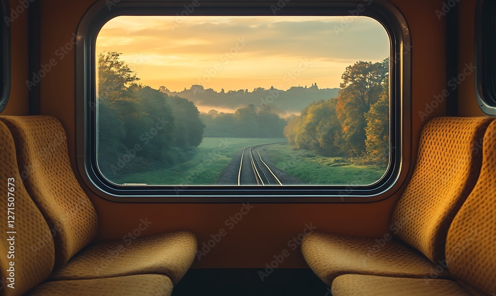 Fototapeta premium Train Window Scenic View With Serene Landscape And Empty Seats