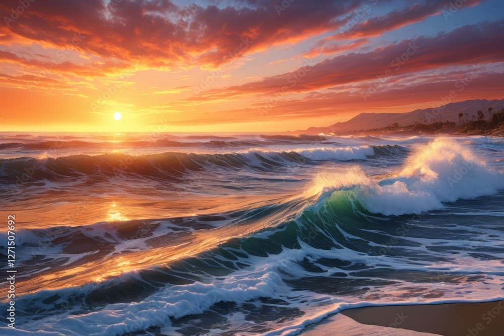 Obraz premium sunset over the ocean with waves crashing and a beach in the foreground