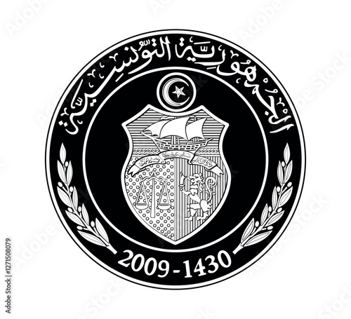 Tunisia 1 dinar vector coin on white isolated background. Obverse of Tunisia 1 dinar coin. The coin is depicted in black and white. Vector illustration. photo