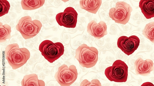 Heart shaped and rose patterns in pink, red, and cream on white background create romantic design