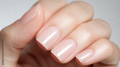 Closeup of manicured nails, light beige polish, soft light background. Possible use Beauty, nail care photo