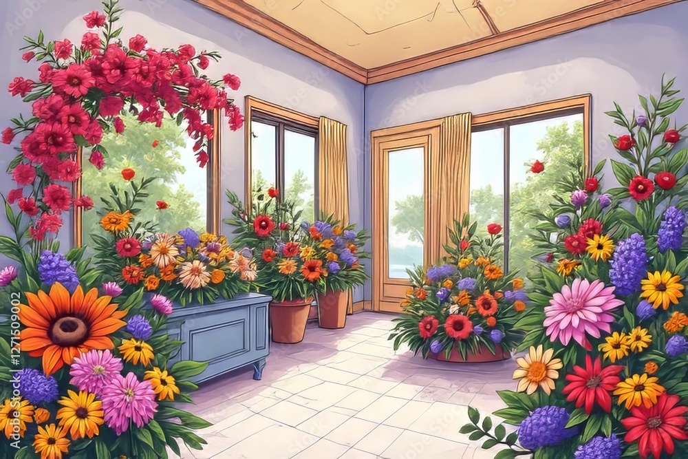 Fototapeta premium Colorful Floral Arrangements in a Sunlit Room with Windows