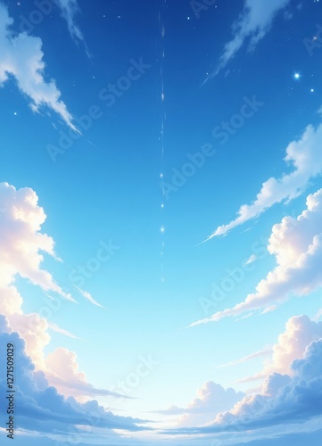 Cartoonish Blue Sky with Clouds and Shooting Stars