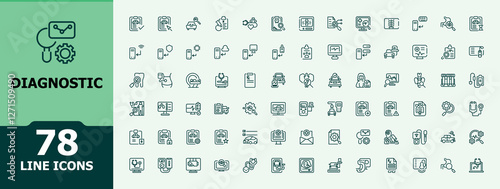 Diagnostic icon set. Featuring scan, health, ambulance, medicine, sound, laboratory, microscope, pharmacy. Icon design. Icon illustration in modern style.