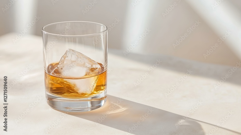 Refreshing whiskey drink with ice cube in sunlit glass on minimalist surface Refreshing whiskey drink with ice cube in sunlit glass on minimalist surface