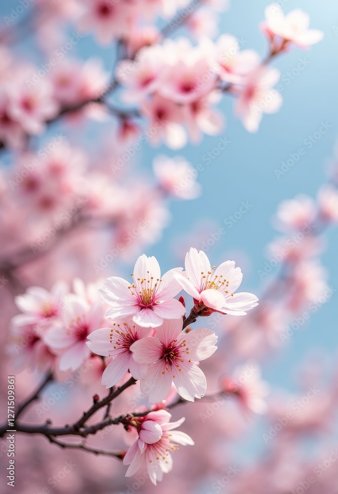 Delicate pink cherry blossoms bloom against light blue sky Delicate pink cherry blossoms bloom against light blue sky