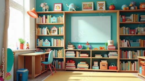 Wallpaper Mural Cozy Colorful Study Room with Bookshelves and Toys for Children Torontodigital.ca
