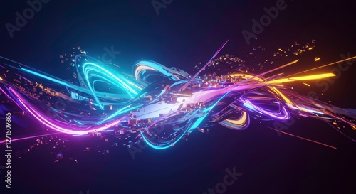 Neon Flow: Captivating neon light streaks weave and flow in a vibrant, energetic display against a dark backdrop, creating a sense of movement, technology, and innovation.