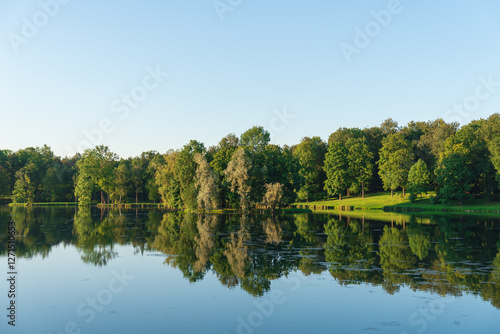 Reflection of green trees and clear sky in a pond, as if in a mirror, creating a symmetrical picture that seems almost magical. Harmony, silence, meditation and tranquility photo