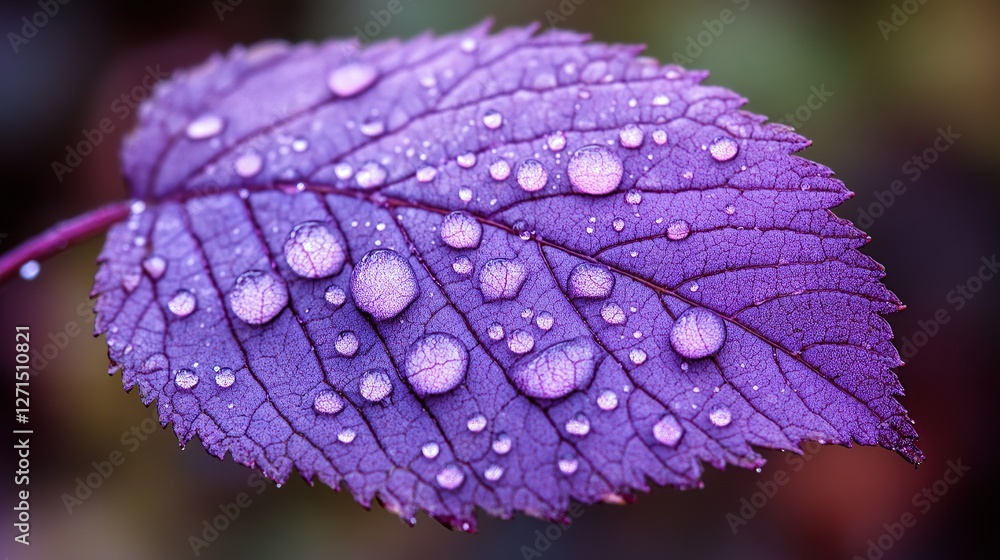 Intricate Purple Leaf with Shimmering Water Droplets Intricate Purple Leaf with Shimmering Water Droplets