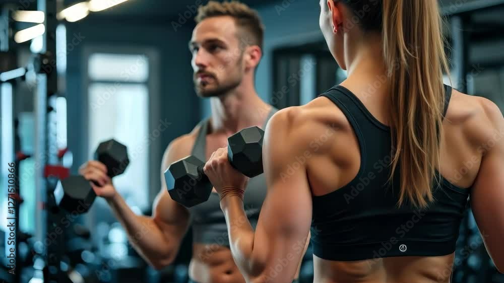 Young Man and Woman Lifting Dumbbells in Modern Gym Setting Young Man and Woman Lifting Dumbbells in Modern Gym Setting