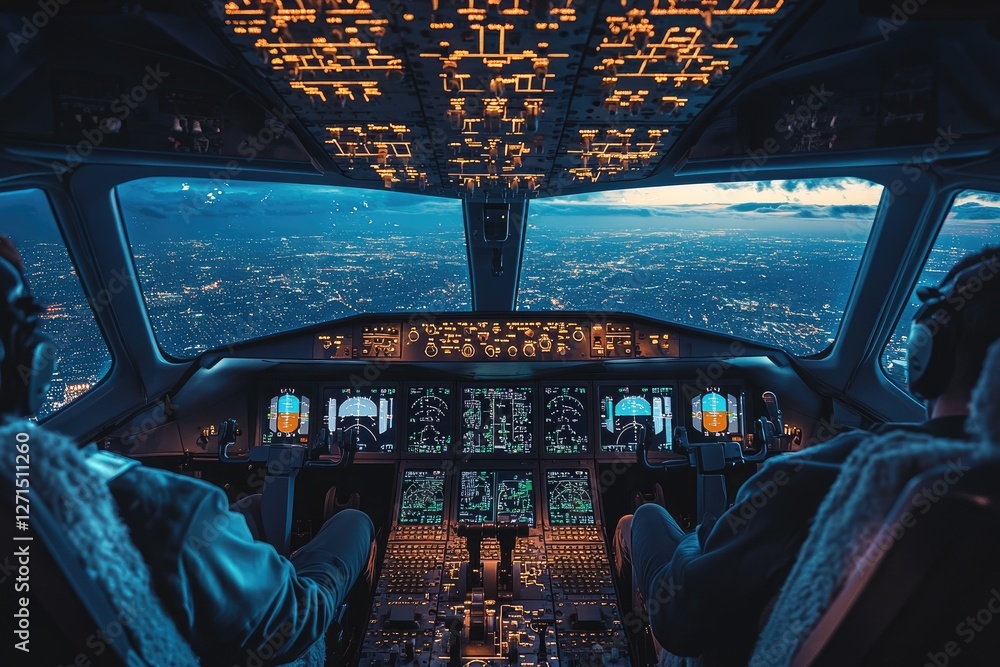 Fototapeta premium Pilots flying airplane at night over illuminated city skyline