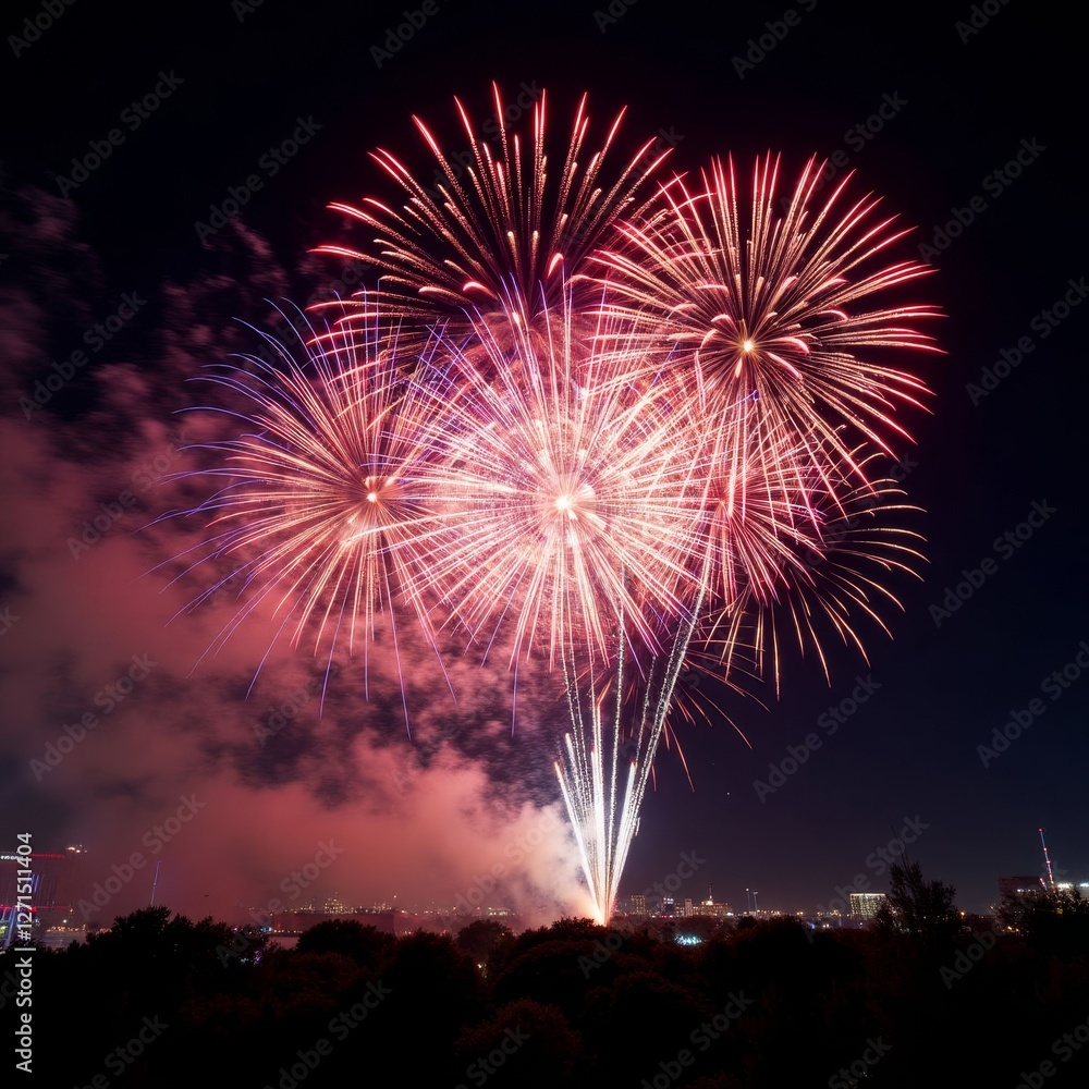 Festive Red & White Fireworks Display over City Skyline Festive Red & White Fireworks Display over City Skyline