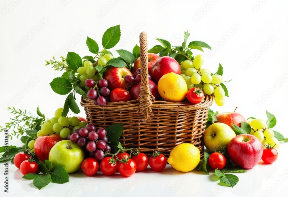 Fresh Fruit Basket with Apples, Grapes, Lemons, and Tomatoes Fresh Fruit Basket with Apples, Grapes, Lemons, and Tomatoes