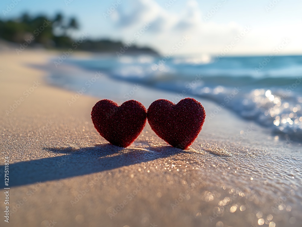 Fototapeta premium Two Red Hearts Resting on a Beach During Sunset