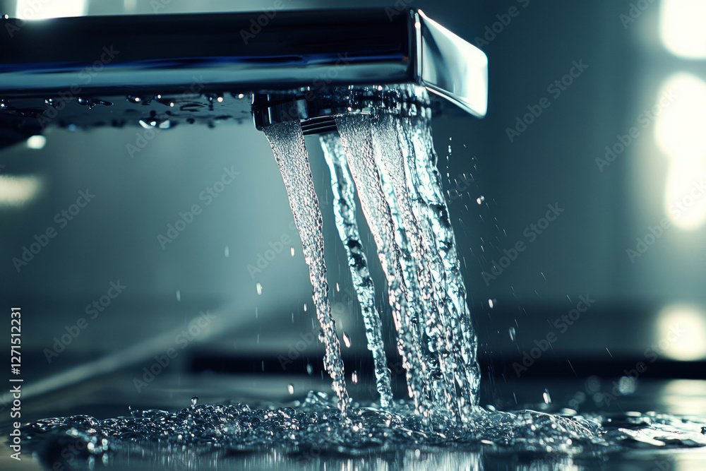 Modern Luxury Faucet with Flowing Water and Elegant Reflections in a Stylish Bathroom Modern Luxury Faucet with Flowing Water and Elegant Reflections in a Stylish Bathroom