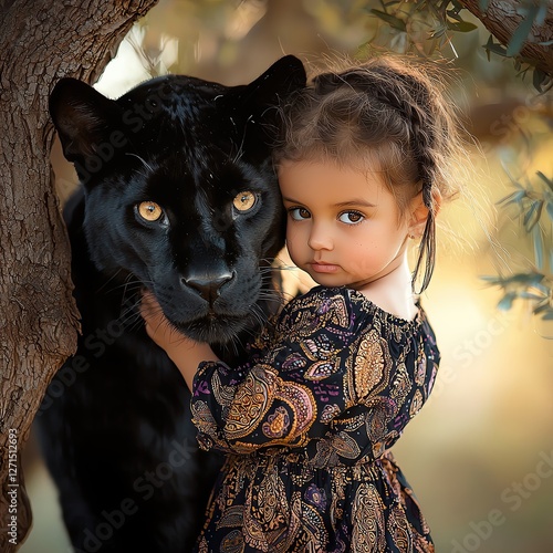 Wild Bond: Boho Toddler and Her Majestic Black Panthe,,Bohemian Lifestyle Photography Child hugging a majestic black panther. photo