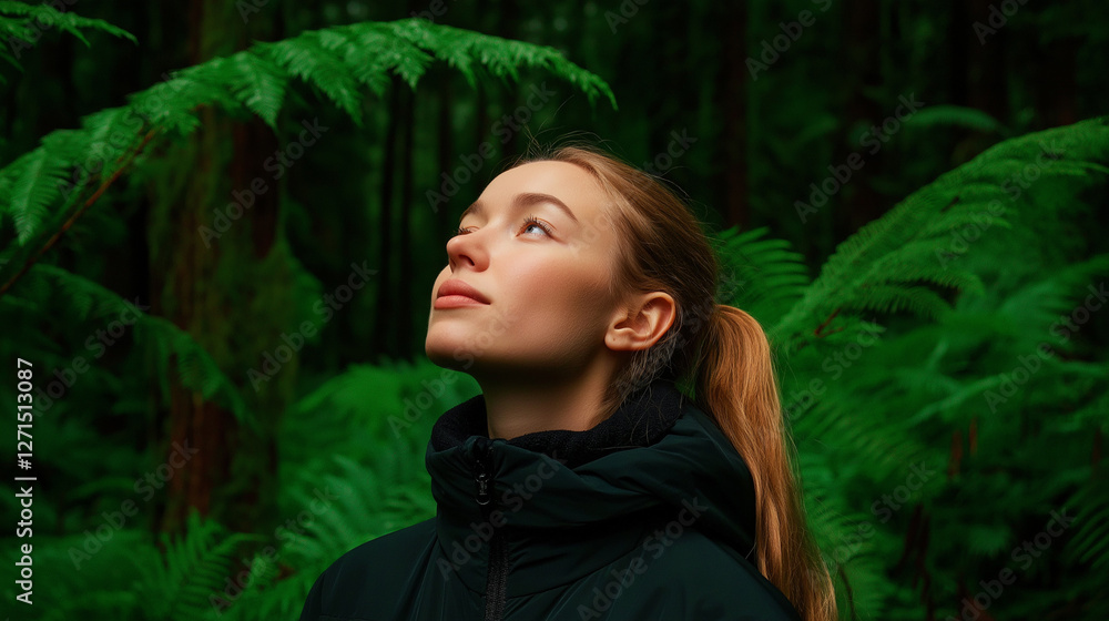 Nature exploration young woman in lush forest portrait photography serene environment upward perspective Nature exploration young woman in lush forest portrait photography serene environment upward perspective