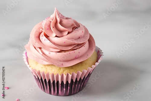 A delicious cupcake with pink swirled frosting, topped with small black sprinkles, sitting in a yellow paper liner against a clean white background.