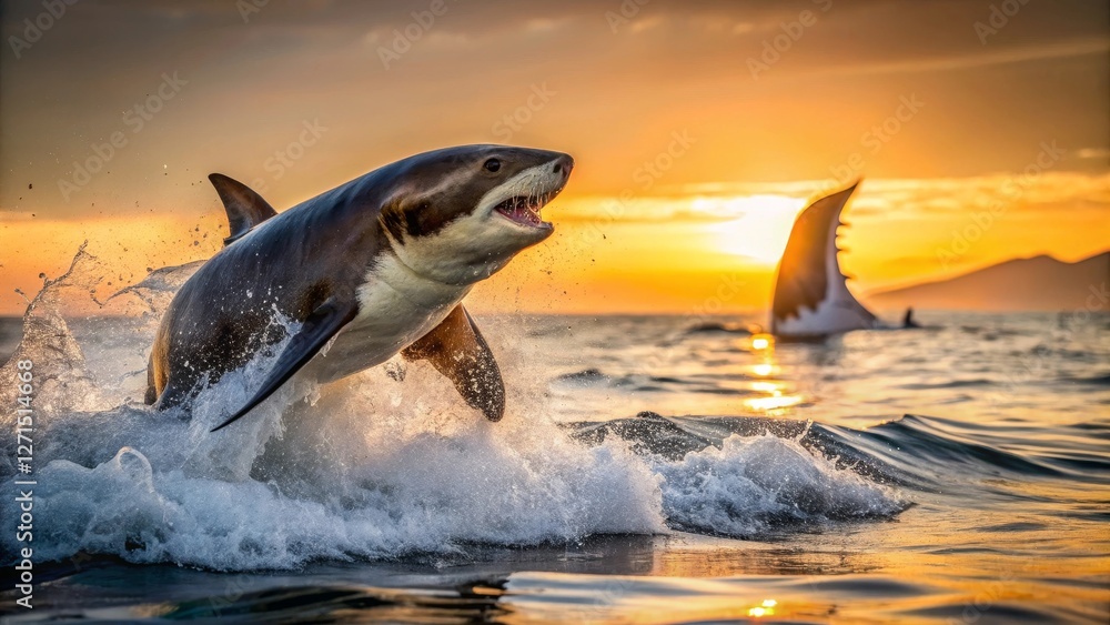 Fototapeta premium Majestic Apex Predator Leaps from Golden Ocean Waves at Sunset
