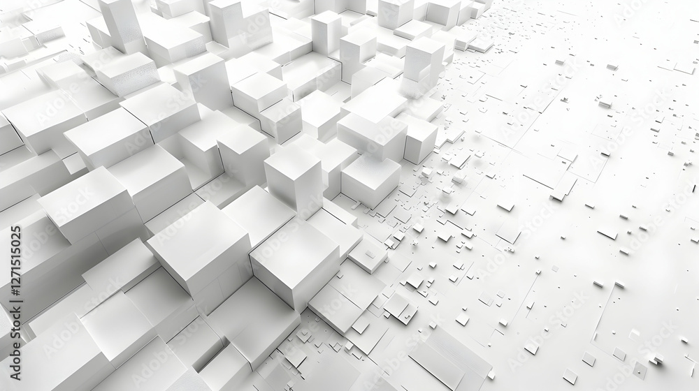 Abstract white geometric landscape with varying cube structures creating depth and texture Abstract white geometric landscape with varying cube structures creating depth and texture