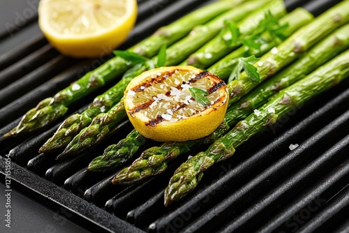 Grilled asparagus spears with lemon juice outdoor grill healthy vegetable dish fresh atmosphere culinary delight photo