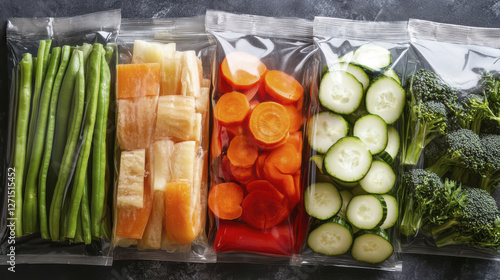 Fresh pre cut vegetables stored in vacuum sealed bags, including green beans, carrots, cucumbers, and broccoli, ready for meal preparation and preservation