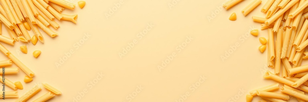 A border frame made up of various dry pasta shapes such as penne, spaghetti, and fusilli with ample copy space, yellow, cuisine A border frame made up of various dry pasta shapes such as penne, spaghetti, and fusilli with ample copy space, yellow, cuisine