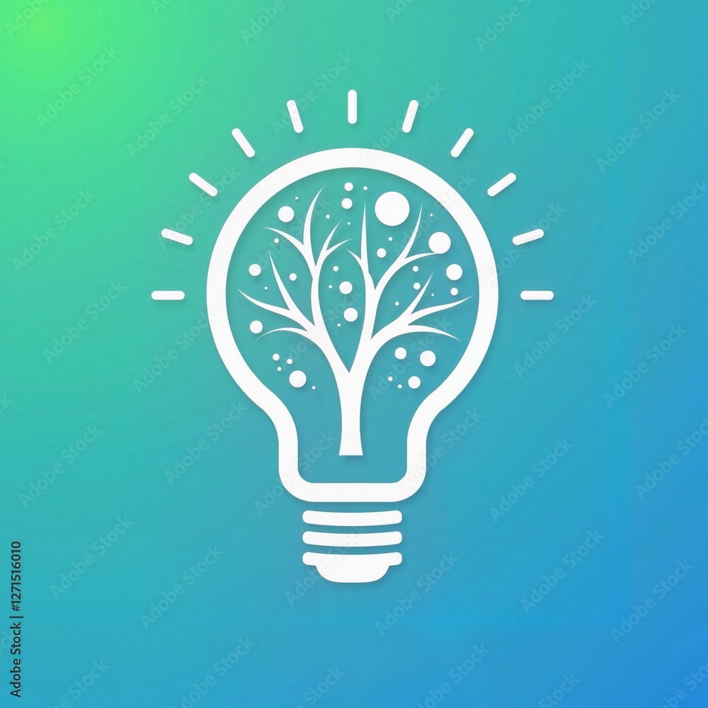 Light bulb with tree design on blue-green background Light bulb with tree design on blue-green background