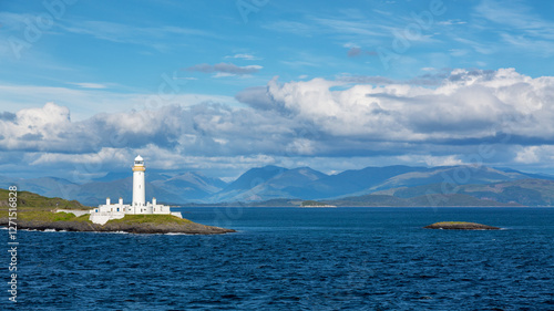 Panoramic view of the Lismore Lighthouse, Eilean Musdile, Inner Hebrides. The lighthouse can be seen at the entrance to Loch Linnhe from the Oban to Mull ferry.