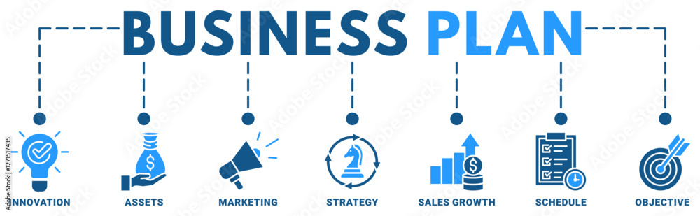 Business Plan banner web icon vector illustration concept with icon of innovation, assets, marketing, strategy, sales growth, schedule, objective Business Plan banner web icon vector illustration concept with icon of innovation, assets, marketing, strategy, sales growth, schedule, objective