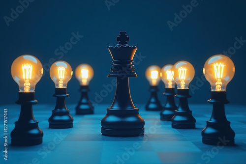 Illuminated Pawn Chess Pieces Surrounding Black King on Chessboard