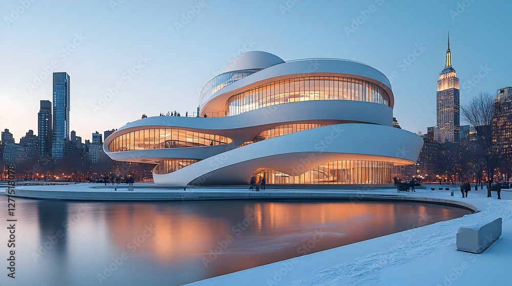 Naklejka premium Modern architectural structure by a water body with a city skyline backdrop.